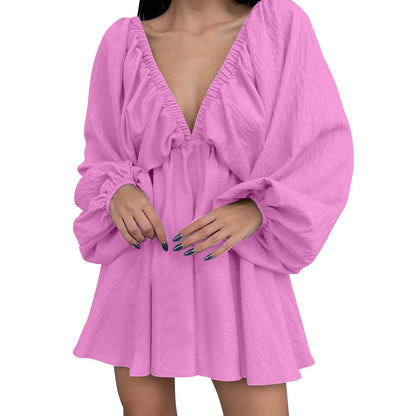 Deep V Neck Sexy Dress Temperament Retro Solid Color Pleated Dress Elegant Long Sleeve Large Size Casual Womens Dresses ropa - MANDOTOS