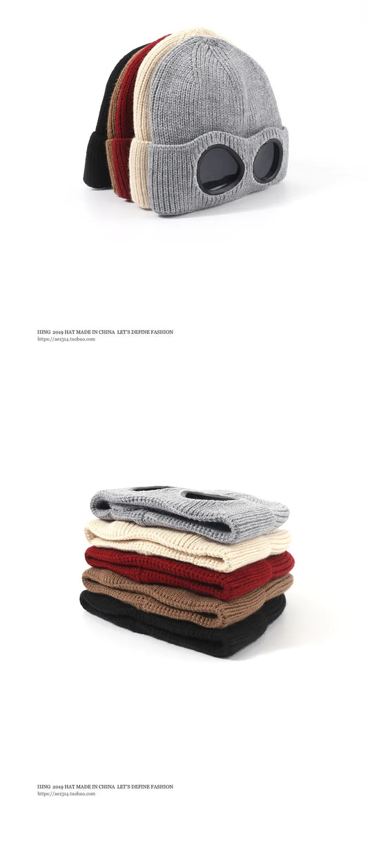 Brimless Hat With Goggles For Men And Women In Winter Hat Neutral Solid Color Skull Knitted Hat In Winter - MANDOTOS