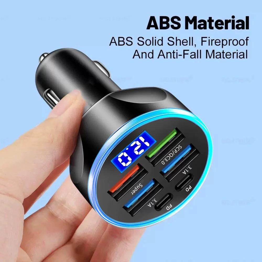 66-250W PD Car Charger QC3.0 Fast Charge with Digital Display 4USB and 2PD Ports for Car Cigarette Lighter Plug - MANDOTOS