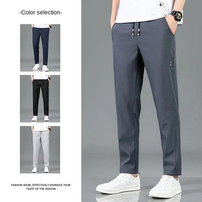 Ice Silk Men's Pants 2025 Summer New Black Gray Thin Business Casual Pants Outdoor Elastic Breathable Straight Leg Sweatpants - MANDOTOS