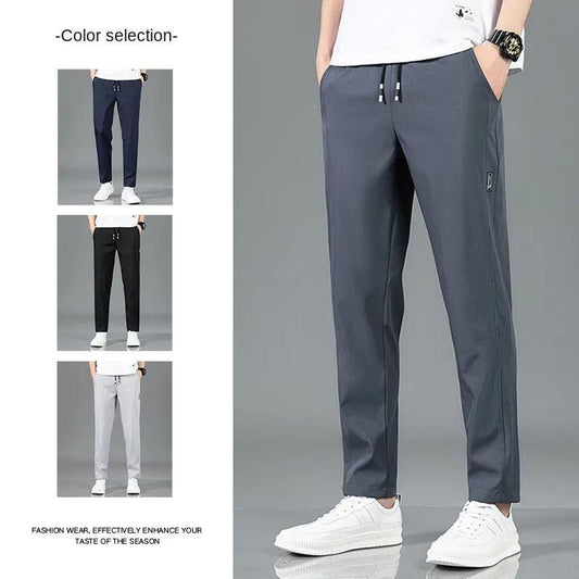 Ice Silk Men's Pants 2025 Summer New Black Gray Thin Business Casual Pants Outdoor Elastic Breathable Straight Leg Sweatpants - MANDOTOS