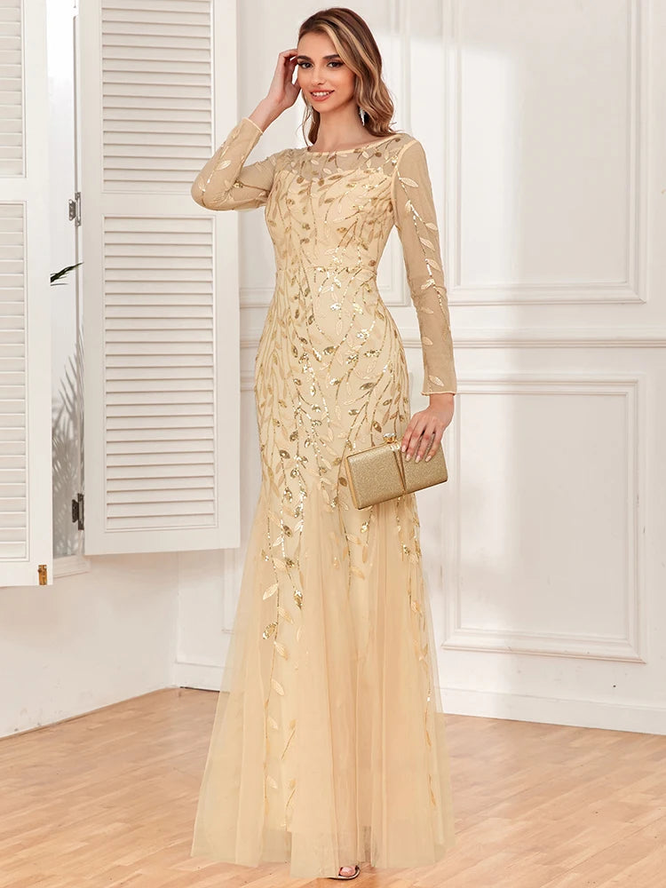 2024 Hot Sale Mermaid Evening Dresses O-Neck Full Sleeve Tulle Embroidery Long Party Gown Elegant Formal Dress