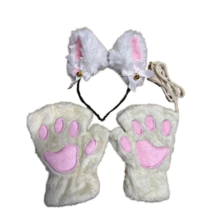 5Pcs Sets Cat Paw Gloves Winter Cute Cartoon Girl Open Finger Gloves Bell Headband Fox Cat Ear Headwear - MANDOTOS