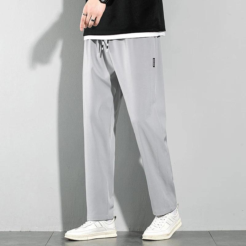 Ice Silk Men's Pants 2025 Summer New Black Gray Thin Business Casual Pants Outdoor Elastic Breathable Straight Leg Sweatpants - MANDOTOS