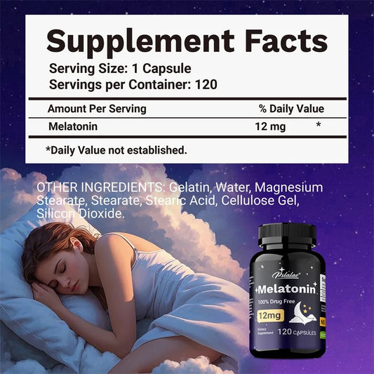 Melatonin 12mg - Relieves Anxiety and Stress, Helps with Deep Sleep, Helps Reduce Insomnia and Trouble Falling Asleep, Non-GMO