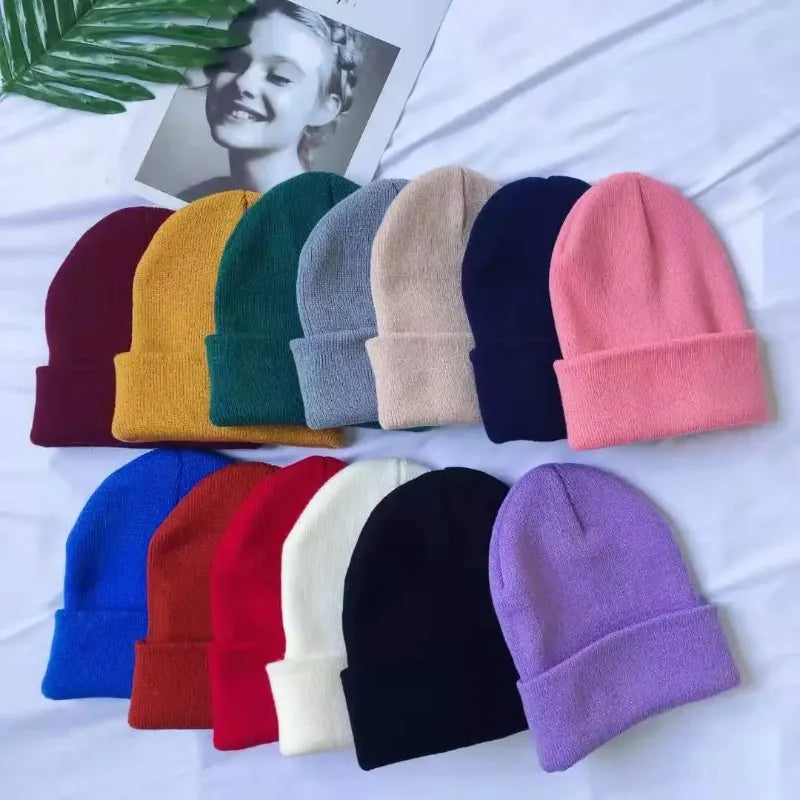 Women Men Fluorescent Color Warm Beanie Hat Autumn Winter Stretch Knitted Crochet Beanies Hat Cap Black Red White Navy Pink
