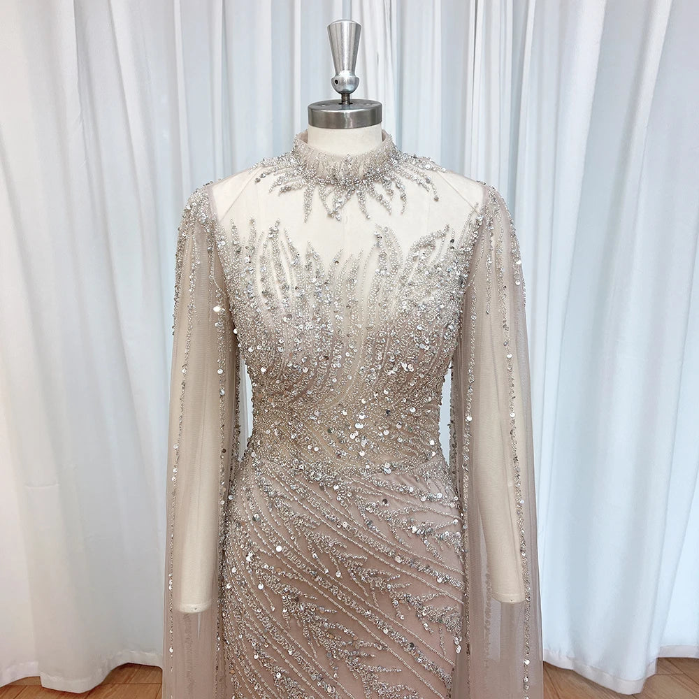 Eshaut&bridal Luxury Beaded Evening Dress Cape Sleeve Dubai Sheer Neck Mermaid Formal Prom Wedding Party Gown Customized 2026