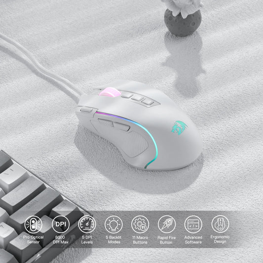 Redragon M612 Predator RGB Gaming Mouse 8000 DPI Wired Optical with 11 Programmable Buttons, White - MANDOTOS