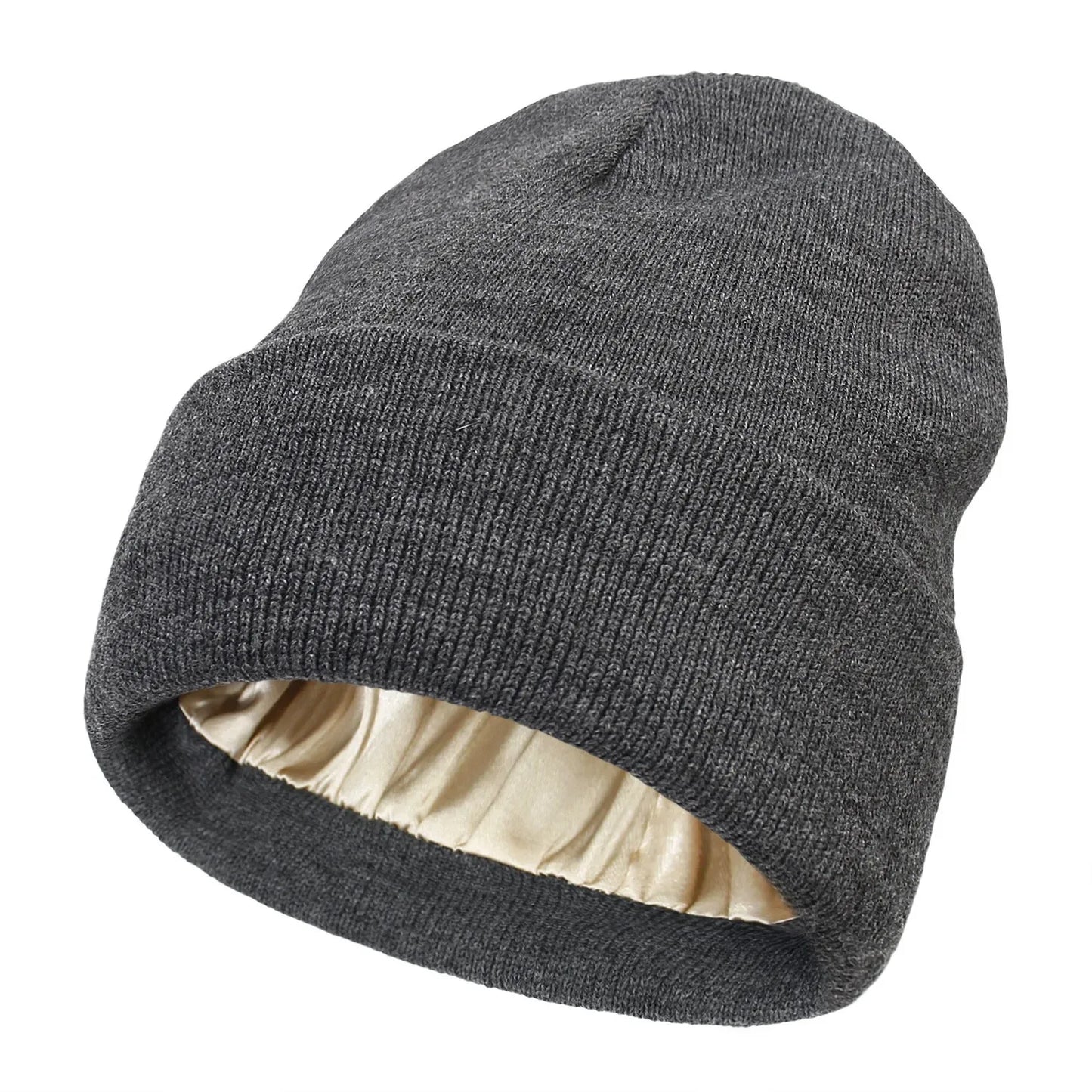 Unisex Satin Lined Beanie Hat For Women Winter Silk Lining Slouchy Warm Cuffed Skullies 2Layer Hair Cover Sleep Cap