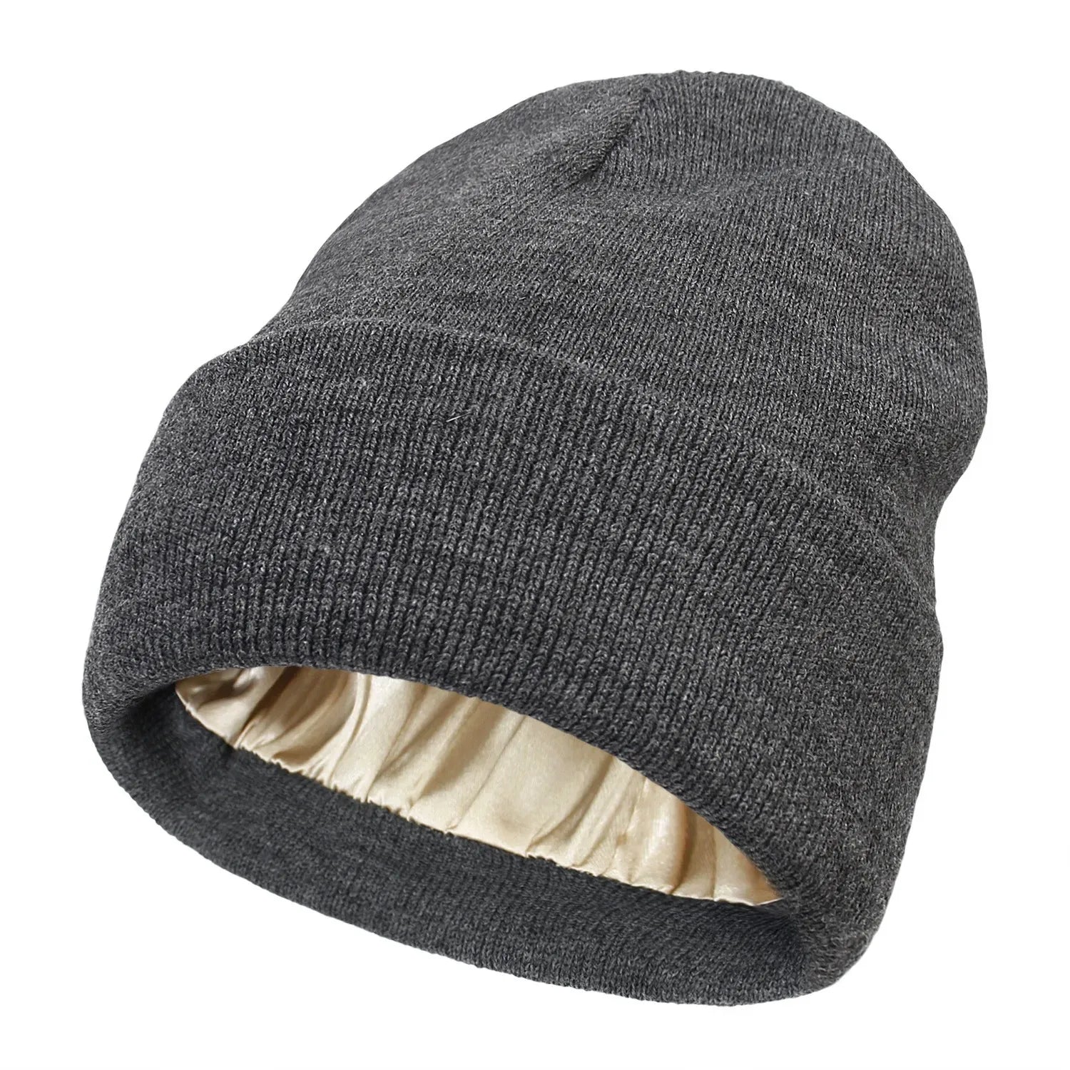 Unisex Satin Lined Beanie Hat For Women Winter Silk Lining Slouchy Warm Cuffed Skullies 2Layer Hair Cover Sleep Cap