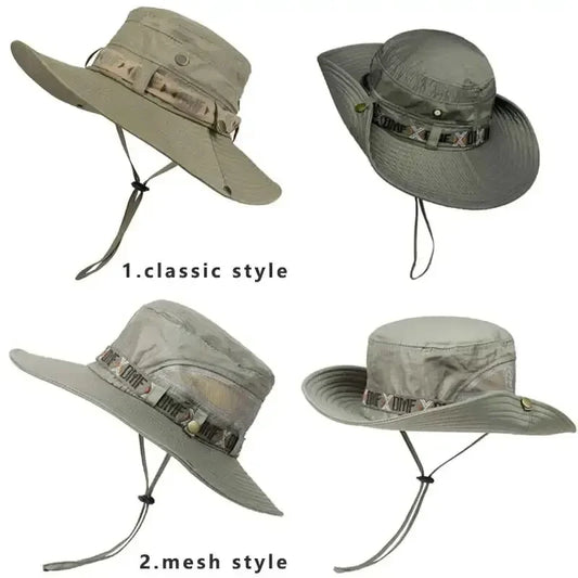 Summer Men Bucket Hat Outdoor UV Protection Wide Brim Panama Safari Hunting Hiking Hat Mesh Fisherman Hat Beach Sunscreen Cap - MANDOTOS