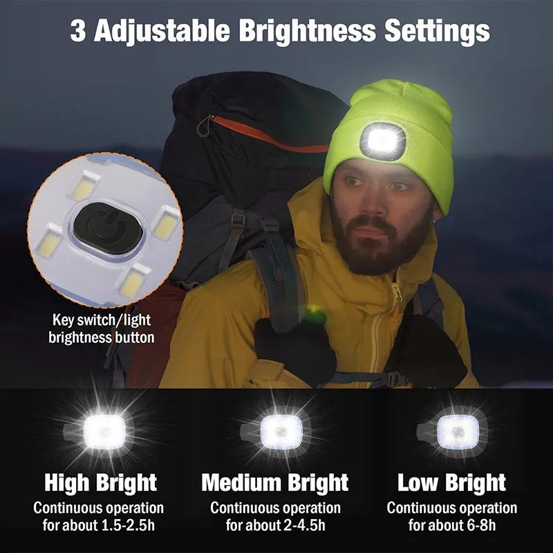 Winter Men Beanie Hat with LED Light Rechargeable Knitted Hat for Woman Cap Night Running Fishing Riding Sports Teenager Beanies