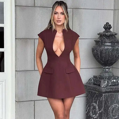 Townlike Pocket Elegant A-line Dress Women Mini 2024 Spring Summer Dress Deep V Neck Nightclub Sexy Party Dresses Vestidos - MANDOTOS