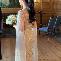 Eshaut&bridal Luxury Beaded Evening Dress Cape Sleeve Dubai Sheer Neck Mermaid Formal Prom Wedding Party Gown Customized 2026