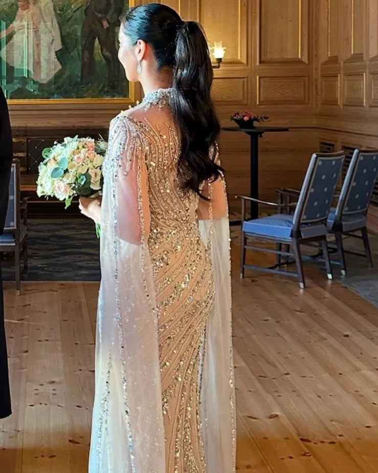 Eshaut&bridal Luxury Beaded Evening Dress Cape Sleeve Dubai Sheer Neck Mermaid Formal Prom Wedding Party Gown Customized 2026