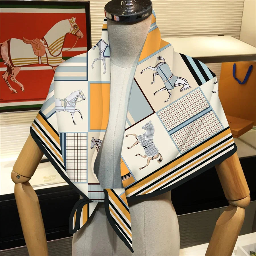90x90cm New Design Horse Universe Printed Twill Silk Scarf Square Scarves Lady Wraps Kerchief Woman Neck Shawl Wraps