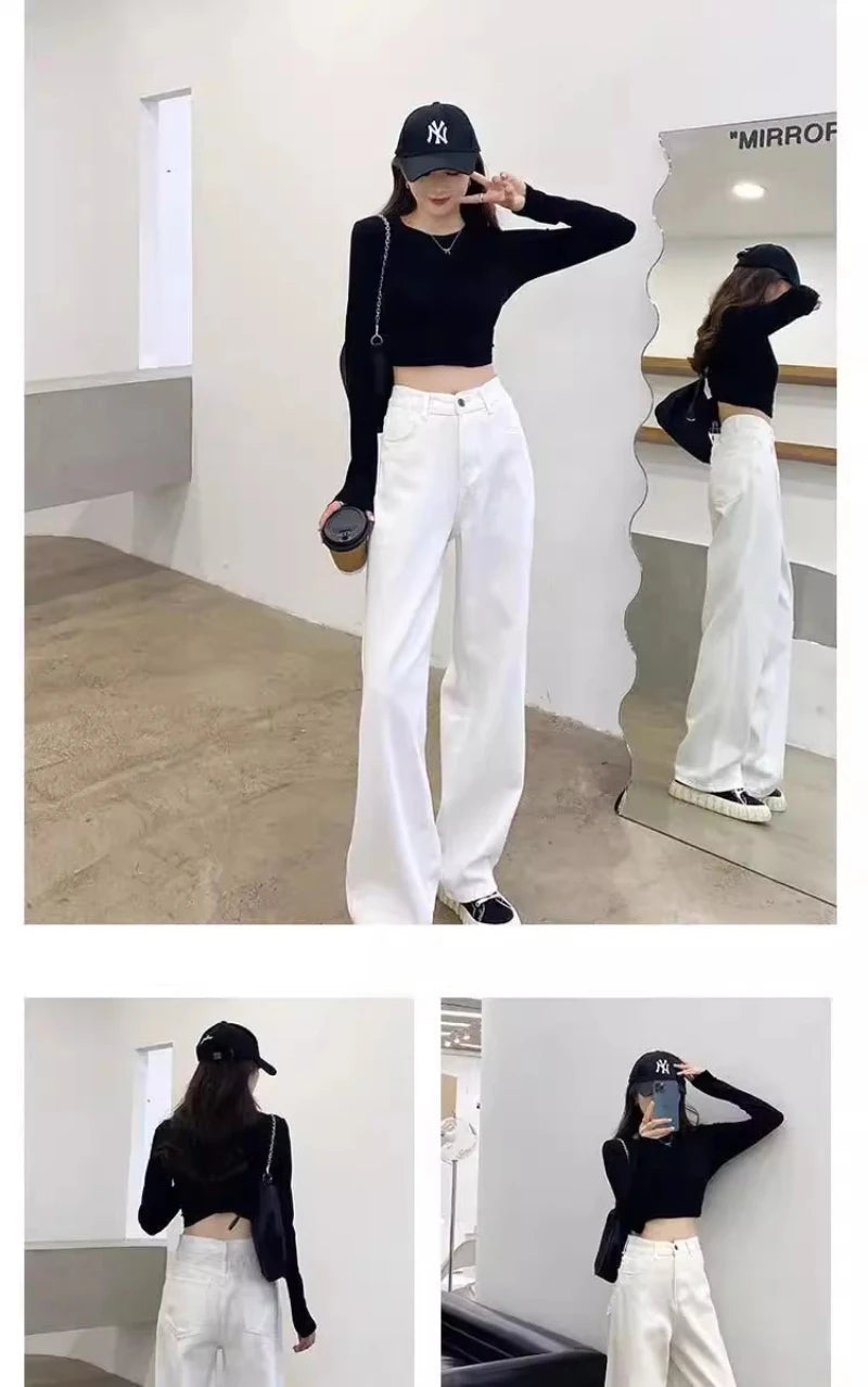 New Design Sense Women's Loose Denim Pants Retro Straight Leg Pants Fashionable Solid Color Loose Casual Wide Leg Pants