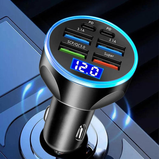 66-250W PD Car Charger QC3.0 Fast Charge with Digital Display 4USB and 2PD Ports for Car Cigarette Lighter Plug - MANDOTOS