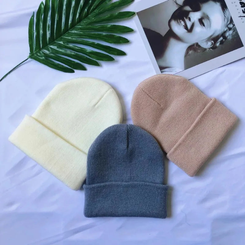 Women Men Fluorescent Color Warm Beanie Hat Autumn Winter Stretch Knitted Crochet Beanies Hat Cap Black Red White Navy Pink