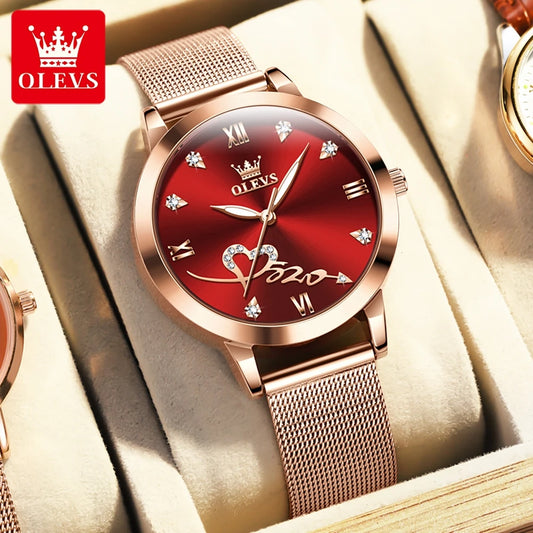 OLEVS Luxury Fashion Ladies' Watches Rose Gold Top Brand Original Quartz Watch for Women Stainless Steel Mesh Strap Love Dial