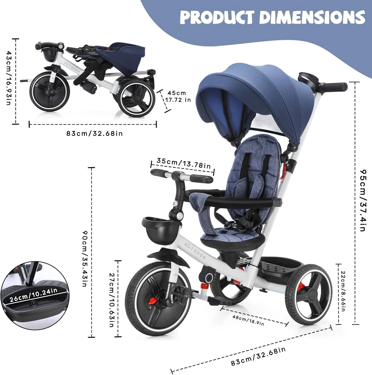 Ubravoo Baby Stroller Tricycle Ride Bike , 5-in-1, Adjustable Canopy, Sitting & Lying,Celerity Disassembly & Assembly,1-5 Years - MANDOTOS