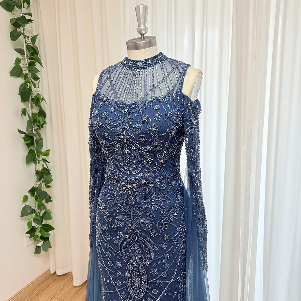 Eshaut&bridal Luxury Beaded Evening Dress Cape Sleeve Dubai Sheer Neck Mermaid Formal Prom Wedding Party Gown Customized 2026