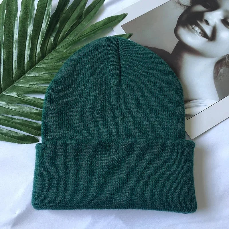 Women Men Fluorescent Color Warm Beanie Hat Autumn Winter Stretch Knitted Crochet Beanies Hat Cap Black Red White Navy Pink