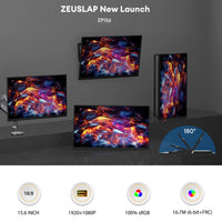 ZEUSLAP 15.6" FHD 100%sRGB 300Nits Ultra thin Back Stand Design Portable Monitor for Phone Gaming Laptop