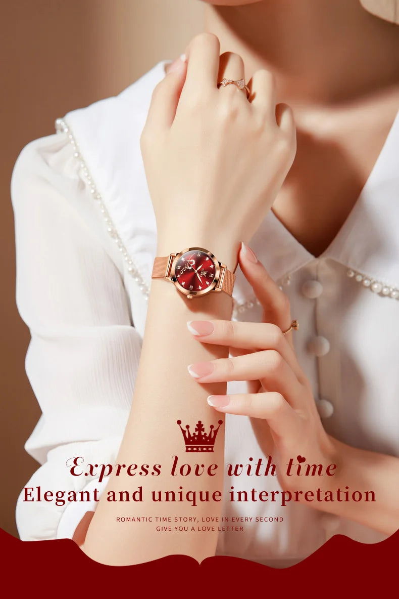 OLEVS Luxury Fashion Ladies' Watches Rose Gold Top Brand Original Quartz Watch for Women Stainless Steel Mesh Strap Love Dial