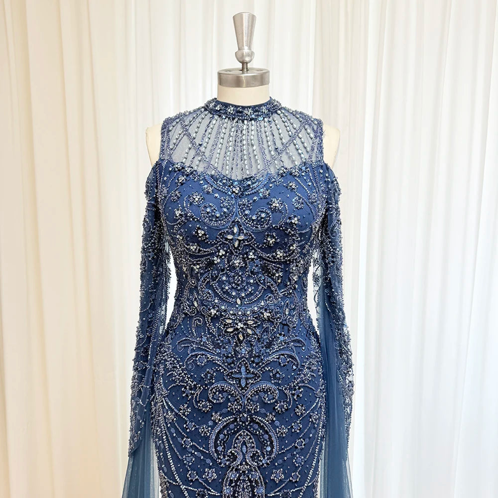Eshaut&bridal Luxury Beaded Evening Dress Cape Sleeve Dubai Sheer Neck Mermaid Formal Prom Wedding Party Gown Customized 2026