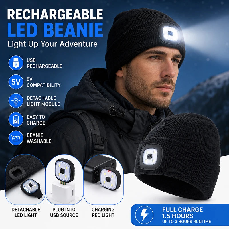 Winter Men Beanie Hat with LED Light Rechargeable Knitted Hat for Woman Cap Night Running Fishing Riding Sports Teenager Beanies