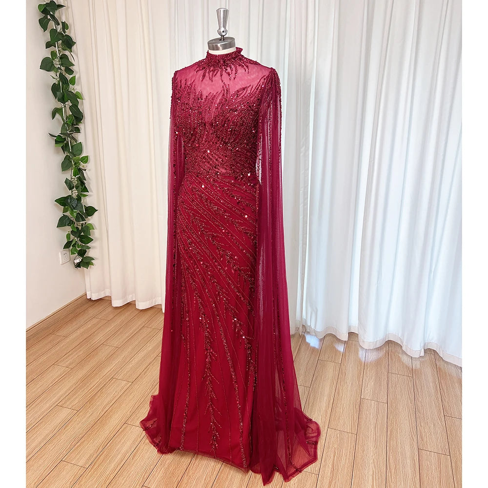Eshaut&bridal Luxury Beaded Evening Dress Cape Sleeve Dubai Sheer Neck Mermaid Formal Prom Wedding Party Gown Customized 2026