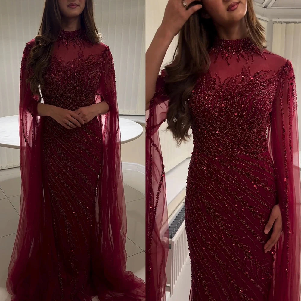 Eshaut&bridal Luxury Beaded Evening Dress Cape Sleeve Dubai Sheer Neck Mermaid Formal Prom Wedding Party Gown Customized 2026