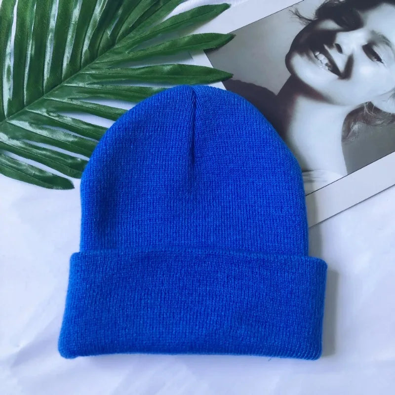 Women Men Fluorescent Color Warm Beanie Hat Autumn Winter Stretch Knitted Crochet Beanies Hat Cap Black Red White Navy Pink