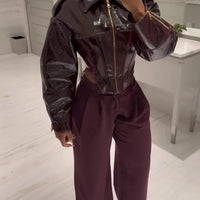 Coated Women Cinched-waist Leather Jacket RetroCasual Lapel Full Sleeve Zipper Bomber Coats Lady Daily High Street Outwear 2026