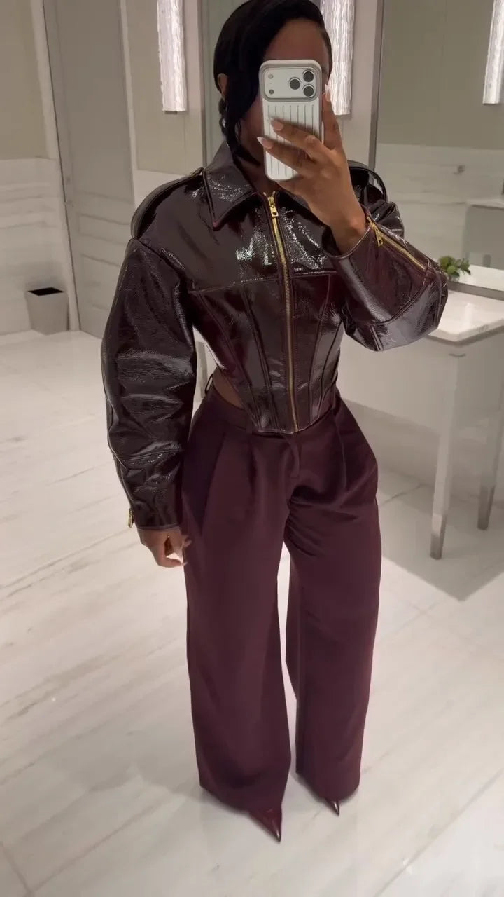 Coated Women Cinched-waist Leather Jacket RetroCasual Lapel Full Sleeve Zipper Bomber Coats Lady Daily High Street Outwear 2026