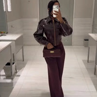 Coated Women Cinched-waist Leather Jacket RetroCasual Lapel Full Sleeve Zipper Bomber Coats Lady Daily High Street Outwear 2026