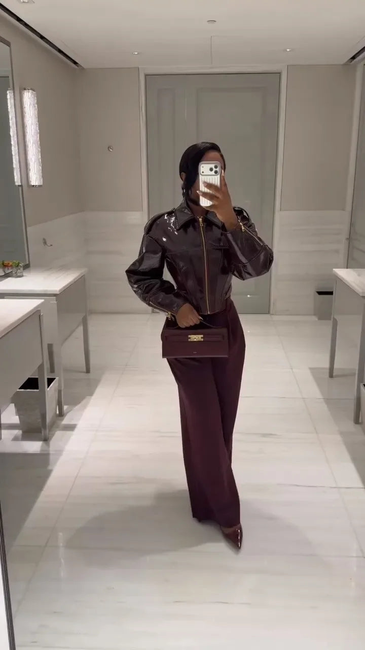 Coated Women Cinched-waist Leather Jacket RetroCasual Lapel Full Sleeve Zipper Bomber Coats Lady Daily High Street Outwear 2026