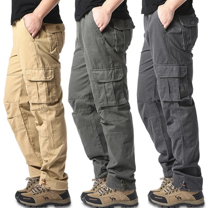Large Pocket Loose Overalls Men's Outdoor Sports Jogging Tactical Pants Elastic Waist Pure Cotton Casual Work Pants - MANDOTOS