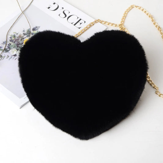 Fashion Women's Heart Shaped Handbags Cute Faux Fur Crossbody Bags Lady Soft Plush Chain Shoulder Bag Shopper Totes - MANDOTOS