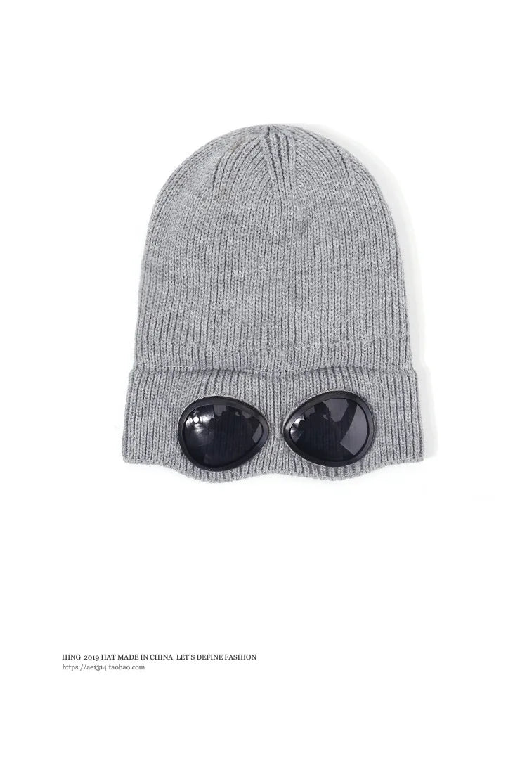 Brimless Hat With Goggles For Men And Women In Winter Hat Neutral Solid Color Skull Knitted Hat In Winter - MANDOTOS