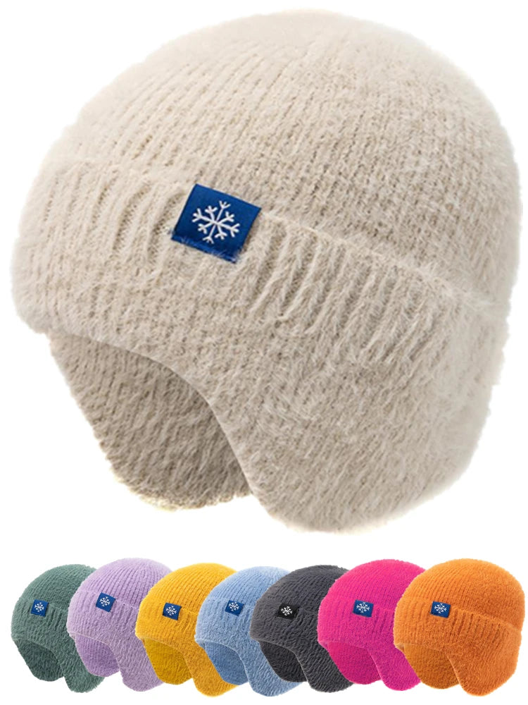 Hot Sale Women Earflap Winter Hat Candy Colors Fashion Faux Fur Knitted Hat Kpop Style Soft Beanie Hats Female Streetwear Cap
