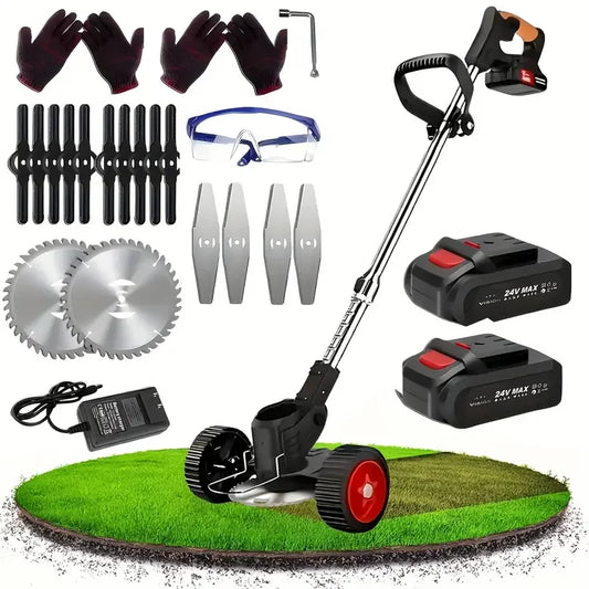 Cordless Lawn Trimmer Weed Wacker Lawn Mower Grass Edger with 2 Li-Ion Batteries Powered & 3 Cutting Blade Types - MANDOTOS