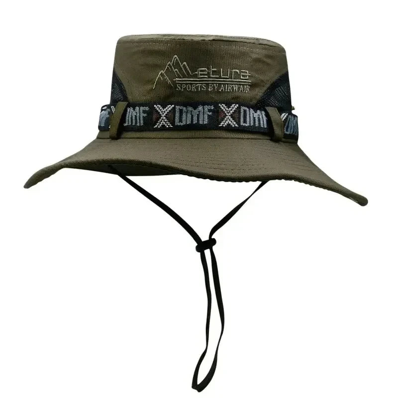 Summer Men's Wide Brim Bucket Hat UV Protection Panama Style Mesh Fisherman Beach Sun Hat for Outdoor Hunting Hiking