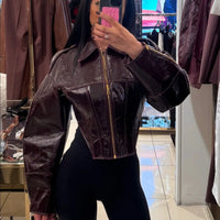 Coated Women Cinched-waist Leather Jacket RetroCasual Lapel Full Sleeve Zipper Bomber Coats Lady Daily High Street Outwear 2026