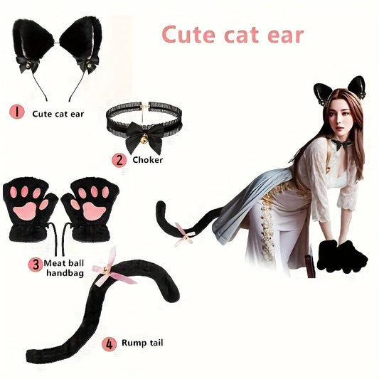 5Pcs Sets Cat Paw Gloves Winter Cute Cartoon Girl Open Finger Gloves Bell Headband Fox Cat Ear Headwear - MANDOTOS