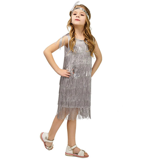 Girl Party Dress Girls Flapper Dress Carnival Sequins Fringe Latin Dance Dress Tassel Tango Dress Ballroom Costume With Feather - MANDOTOS
