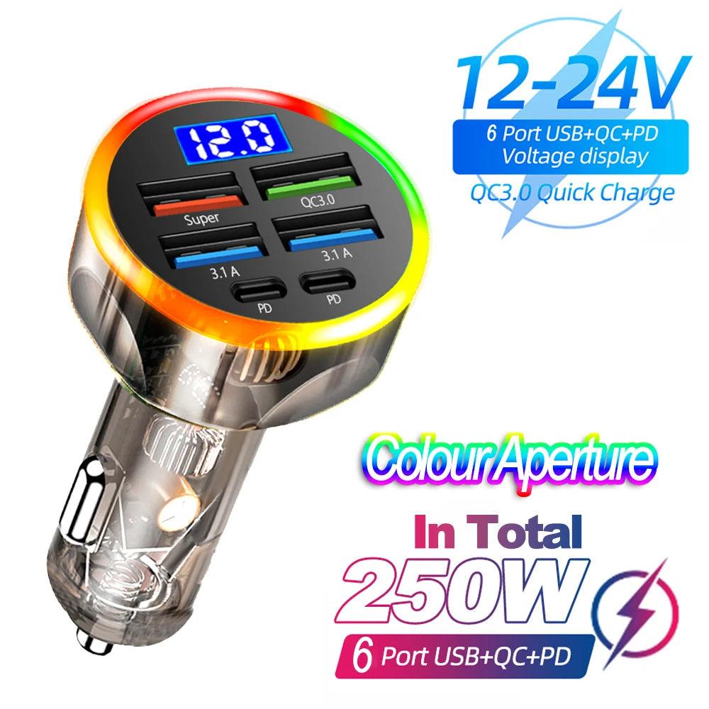 66-250W PD Car Charger QC3.0 Fast Charge with Digital Display 4USB and 2PD Ports for Car Cigarette Lighter Plug - MANDOTOS