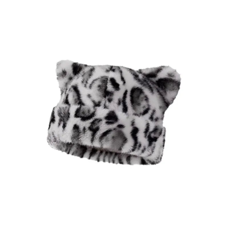 Leopard print plush teddy bear hat for women, sweet and cute, thick and warm, retro and versatile, hooded beanie.