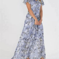 Women Elegant Ruffle Short Sleeve V Neck Pullover Dresses Sweet Style Small Flower Print High Waist Dress Female New Casual Gown